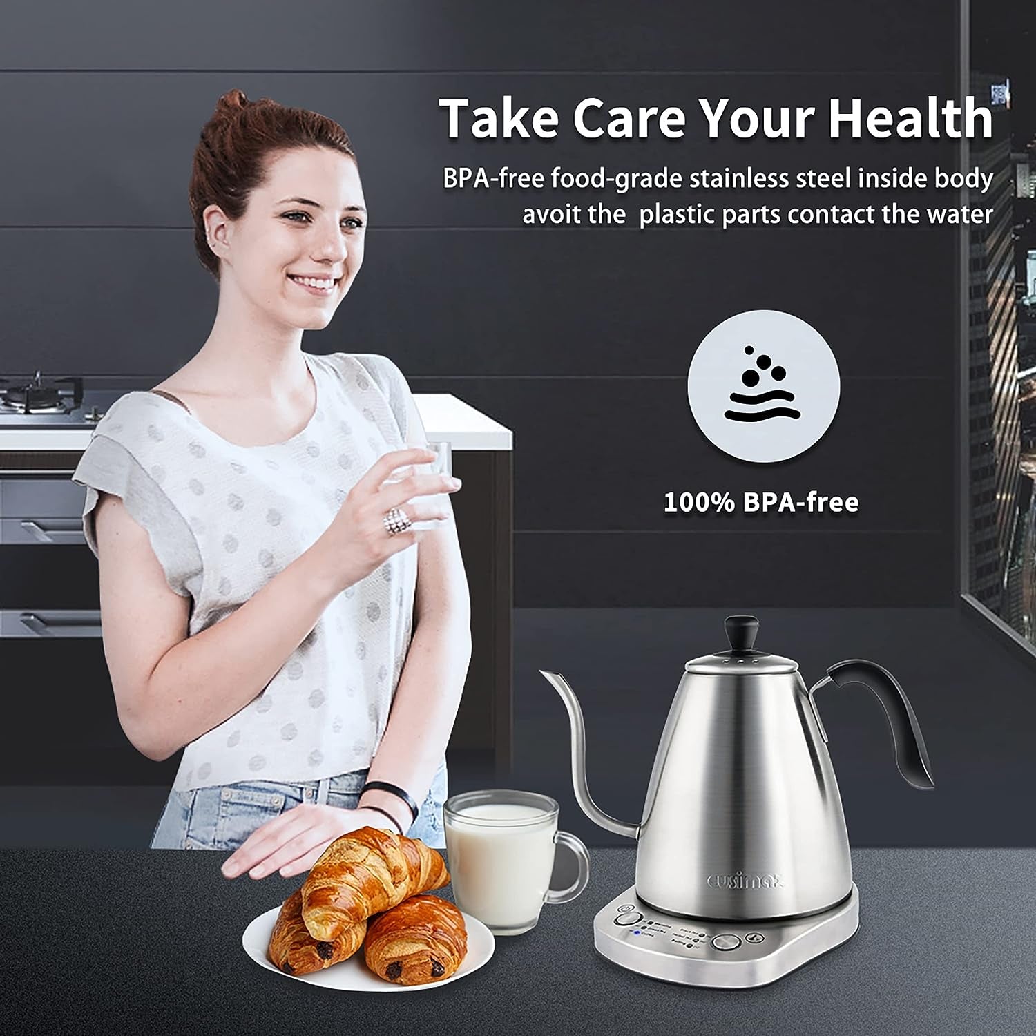 1000W Electric Gooseneck Kettle - A 1L Variable Kettle with 6 Temperature Settings designed for Pour Over Drip Coffee and Tea. It's made from Stainless Steel and features Auto Keep Warming and Boil-Dry Protection for added safety.