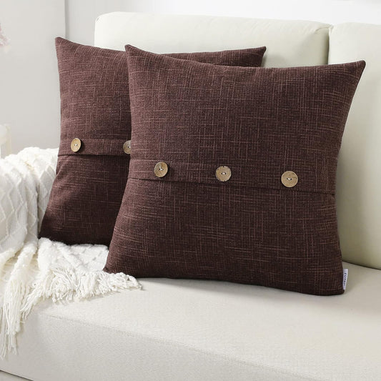 Set of 2 Tan Linen Decorative Throw Pillow Covers - Each measuring 20x20 inches. These Spring/Winter Home Decor covers feature Vintage Button and Zipper closures. They are perfect for a Farmhouse-style look and provide a neutral decor