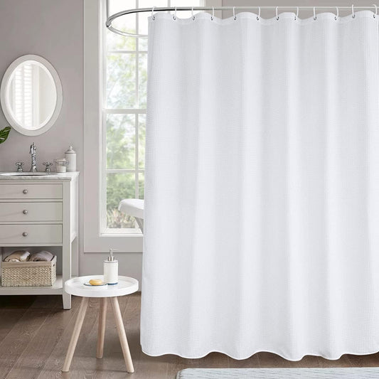 White Waffle Weave Extra Long Fabric Shower Curtain - 72" x 84" - Water Repellent, Hotel Quality, Washable Decorative Bathroom Curtain for Showers & Bathtubs