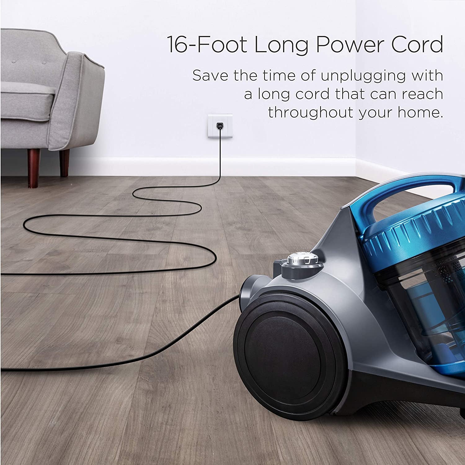 Whirlwind Bagless Canister Cleaner Lightweight Corded Vacuum for Carpets and Hard Floors, Blue