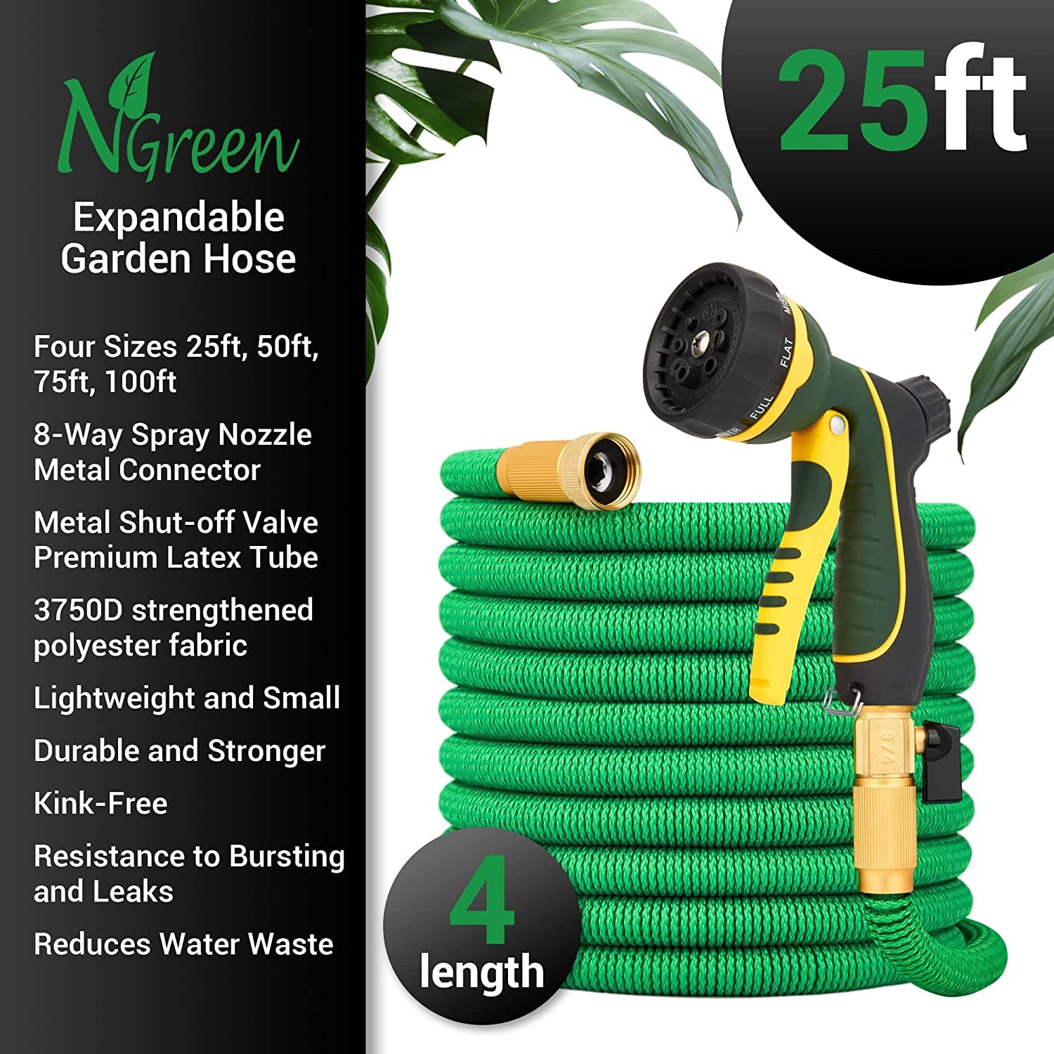 25 FT Expandable and Flexible Garden Hose: Made with Strength Durable Fabric and 12-Layer Latex Inner Tube. Lightweight, Easy to Store, and Kink-Free Water Hose. Features Leakproof Solid Brass Fittings with Nozzle. Available in Green.
