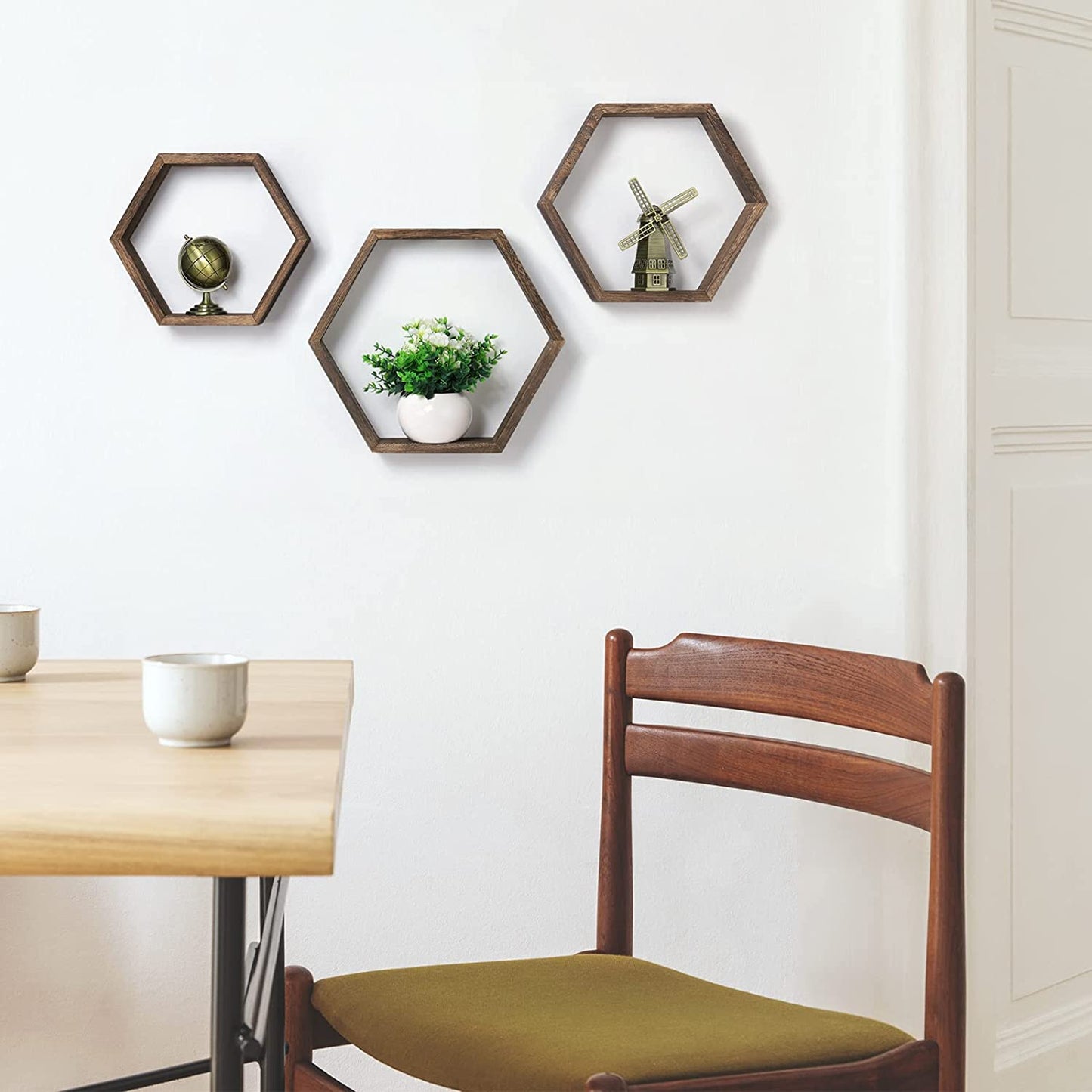 Set of 6 Hexagon Floating Shelves - Farmhouse Honeycomb Wall Storage Shelves made from Wood. These Hexagonal Shelves are Wall Mounted, Hanging, and add a Rustic Touch to Bedroom, Living Room, Hallway, and Office Decor in Brown.