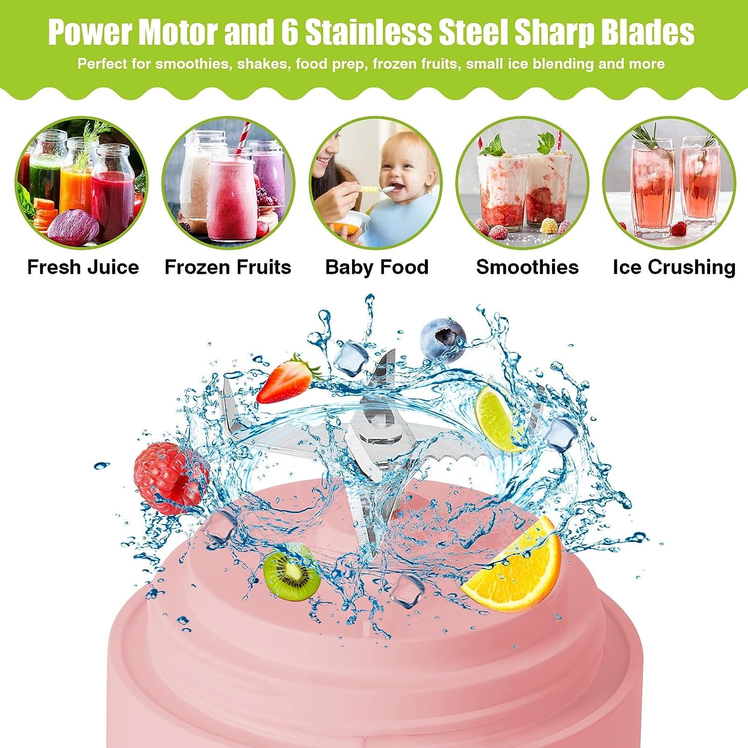 Mini Portable Blender with 6 Blades - 270 Watt Power for Shakes and Smoothies. Waterproof, USB Rechargeable, Includes 20 oz BPA Free Blender Cups with Travel Lid.