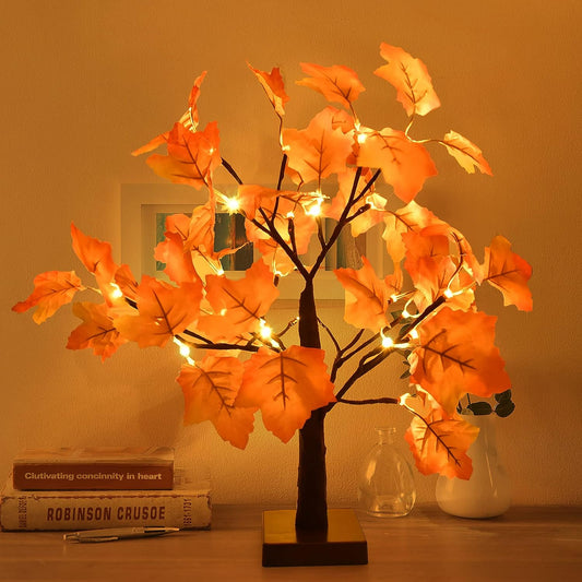 18.7in Artificial Lighted Maple Tree - This Fall Decor features 24 LED lights and is perfect for tabletop use. It adds a warm and festive touch to your home's indoor Thanksgiving and Autumn Decorations. Battery operated for convenience.