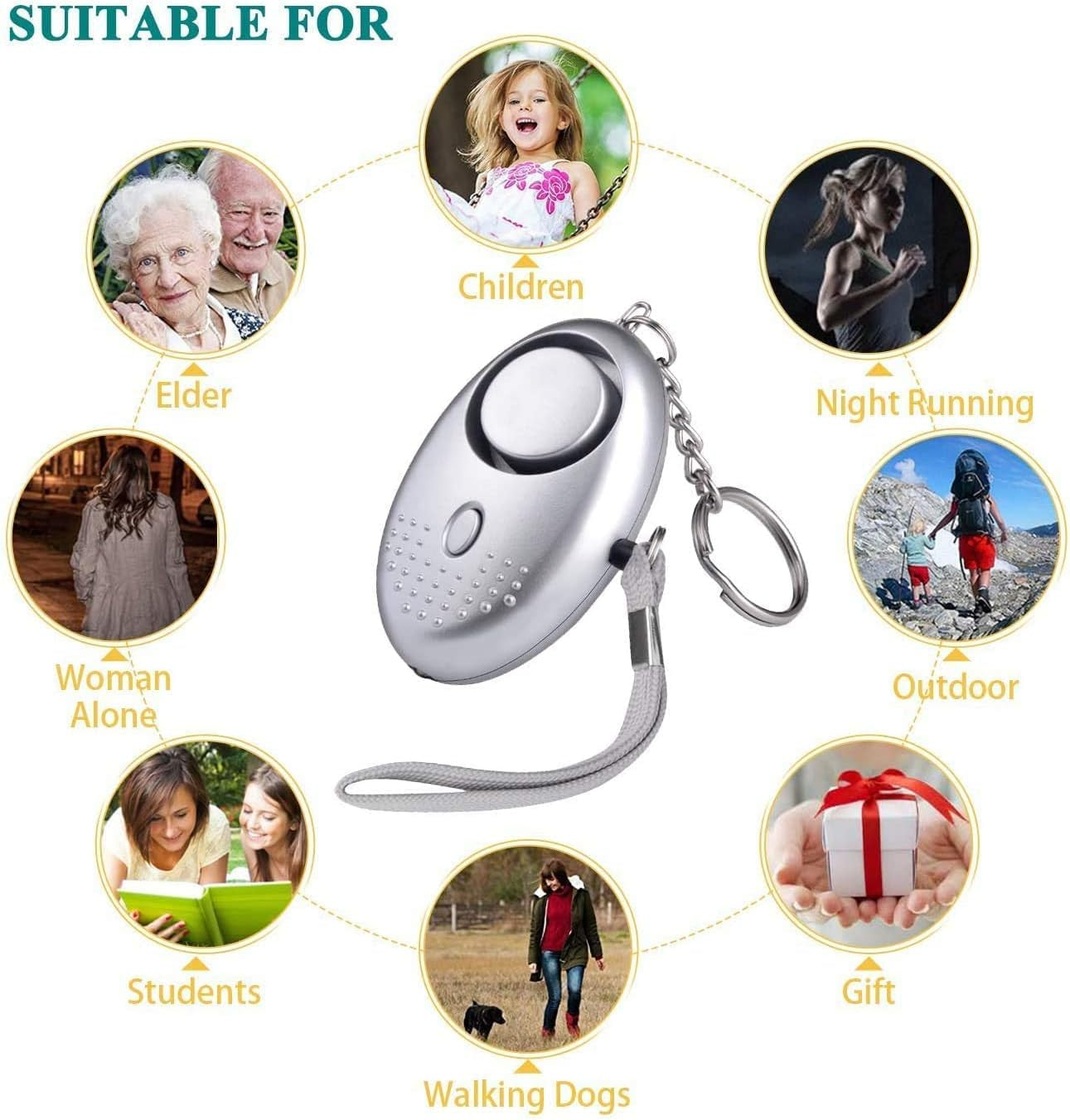 USB Rechargeable Personal Alarm for Women, Children, and the Elderly - 130dB Self Defense Siren with Pure Copper Keychains and LED Strobe Light (Multicolor)