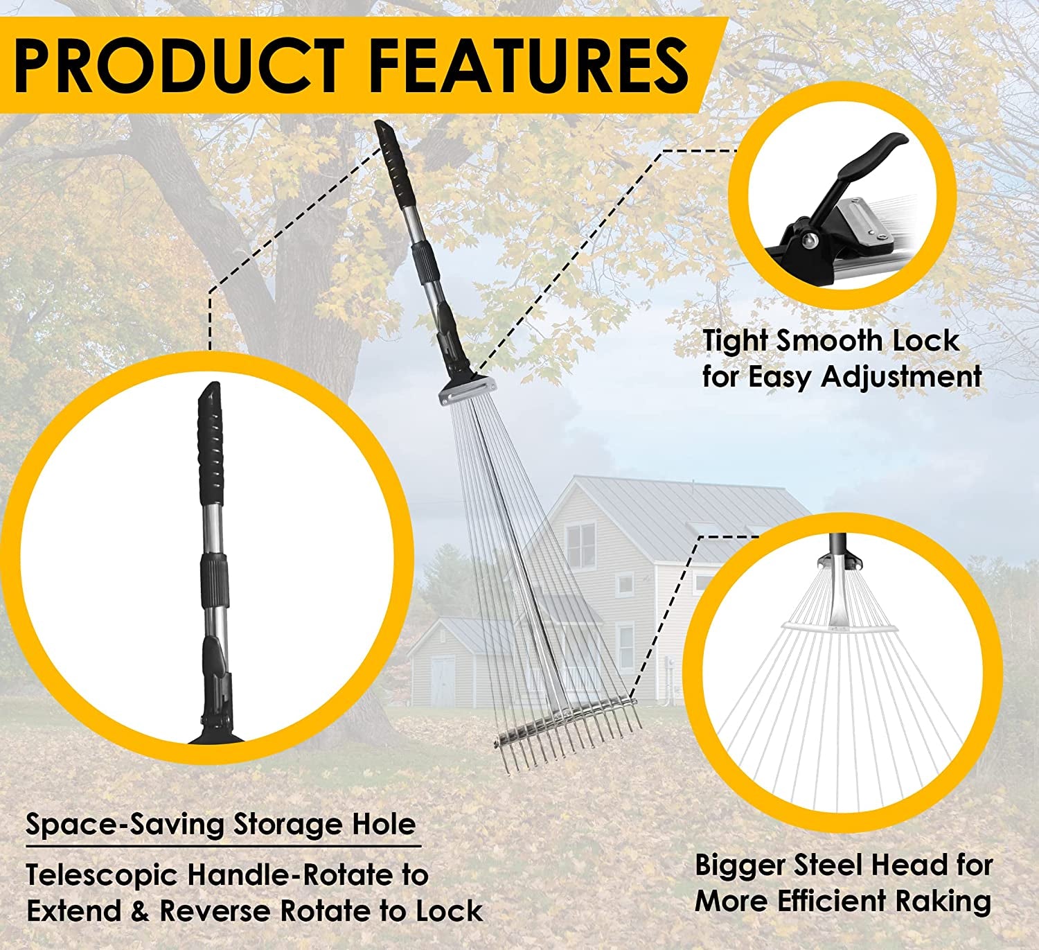 Heavy-Duty Garden Leaf Rake with 63.5 Inch Telescopic Handle: Adjustable Width, Lightweight Metal Rake with 15 Large Tines for Effortless Lawn and Yard Cleanup