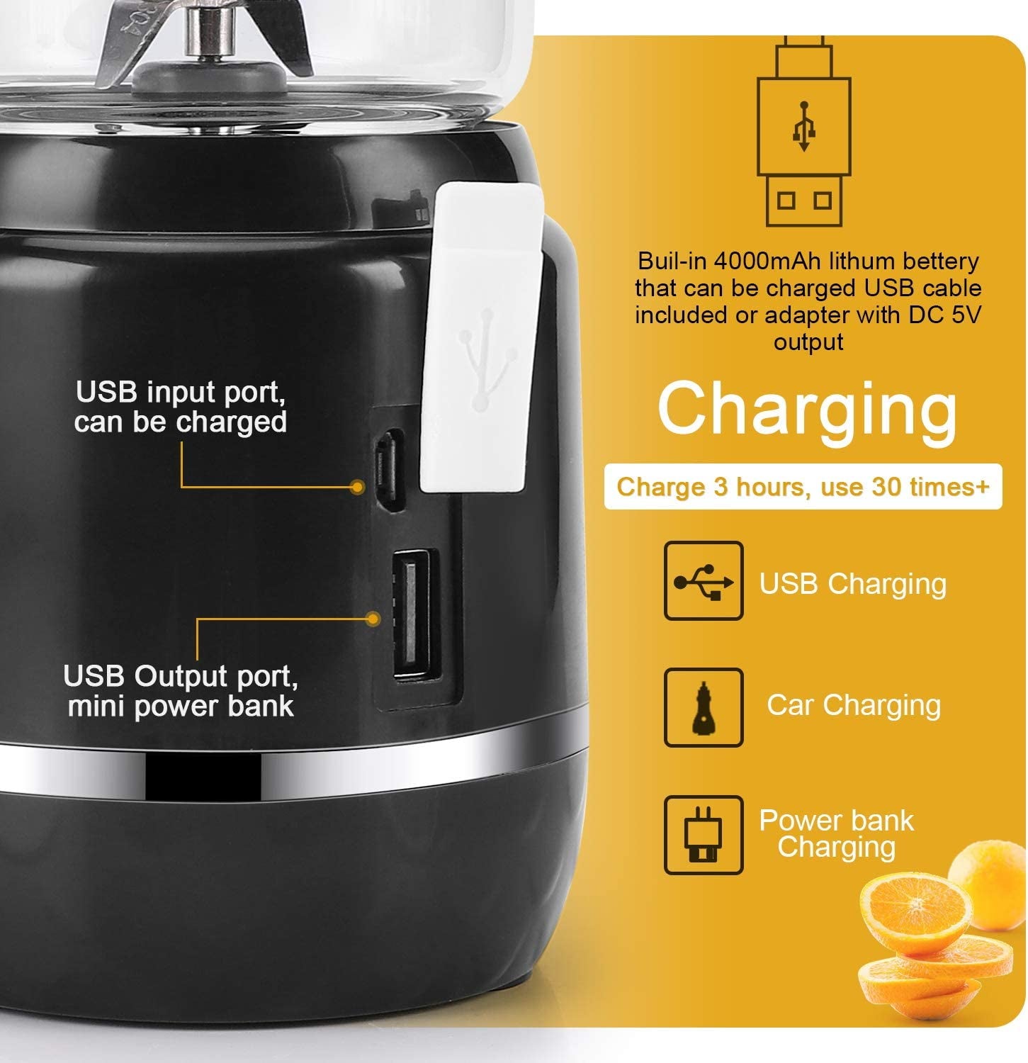 USB Rechargeable Portable Personal Size Blender: Mini Juicer Blender for Smoothies, Shakes, Baby Food, with 2 Glass Juicer Cups and 4000mAh High-Capacity Batteries (Black)