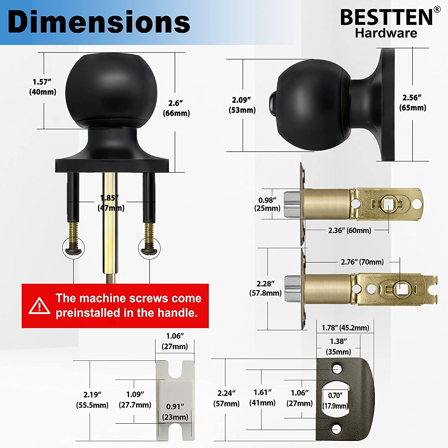 Matte Black Keyed Entry Door Knob - A Standard Ball-Shaped Entrance Door Lock with a Key, Constructed from All Metal for Durability.
