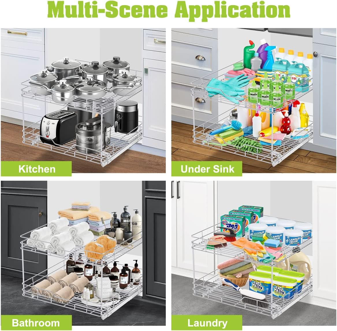 Bonadom 2 Tier Pull Out Cabinet Drawer Organizer –Heavy Duty Slide Out Kitchen Cabinet Storage Shelves -21''Dx20''W - Requires at Least a 20” Cabinet Opening, Wire Frame, Chrome Finish