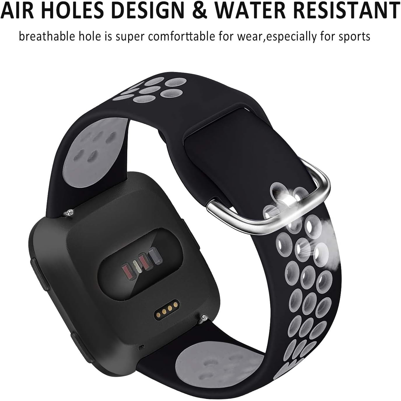 3-Pack Soft Silicone Sport Bands Compatible with Fitbit Versa 2 for Men and Fitbit Versa for Women. These bands are also compatible with Fitbit Versa Lite and Versa SE, available in both Large and Small sizes with Silver Metal Accent.