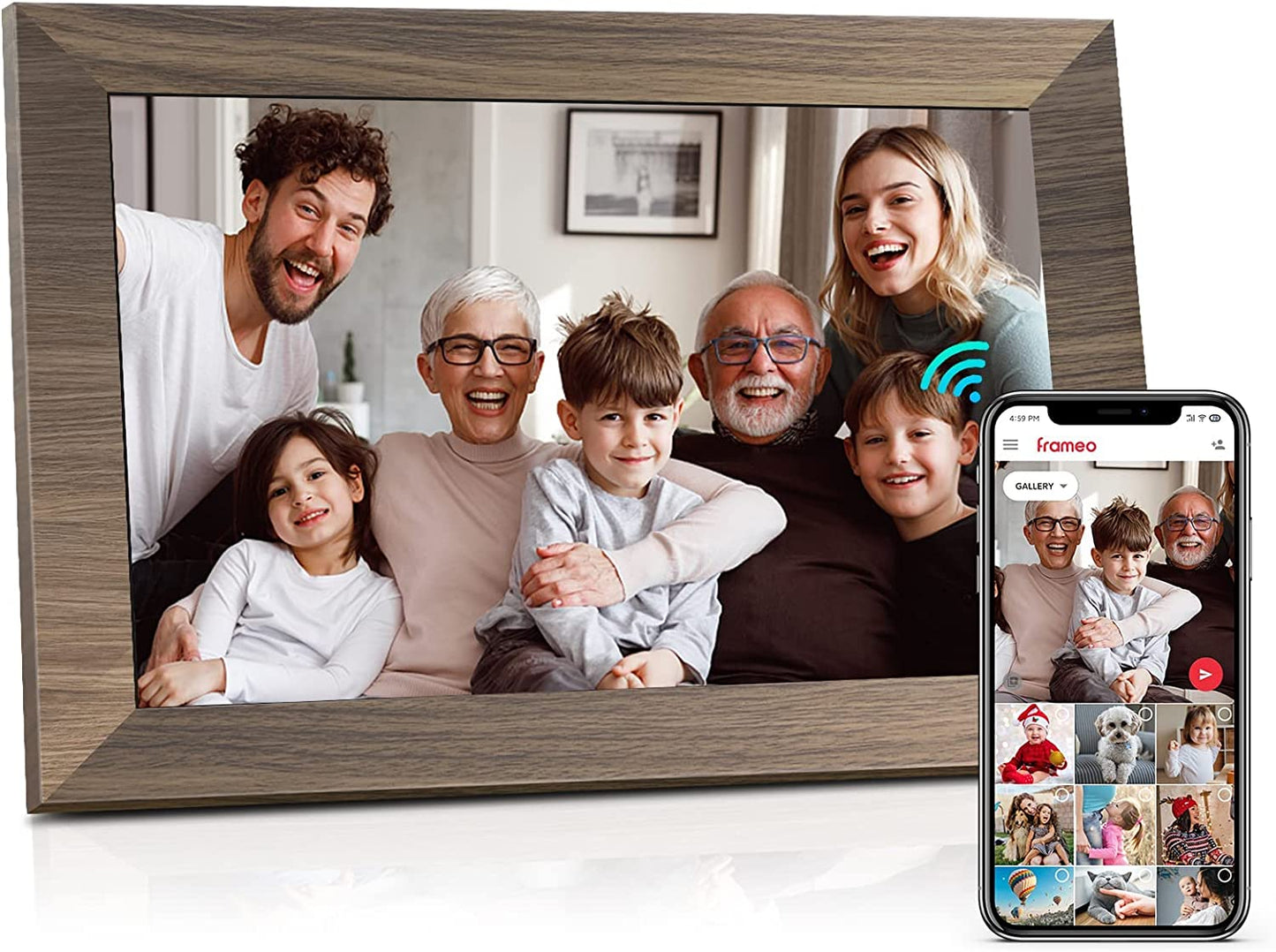 10.1 Inch Wifi Digital Photo Frame, IPS Touch Screen Smart Cloud Photo Frame with 16GB Storage, Wall Mountable, Auto-Rotate, Motion Sensor, Share Photos and Videos via Frameo App