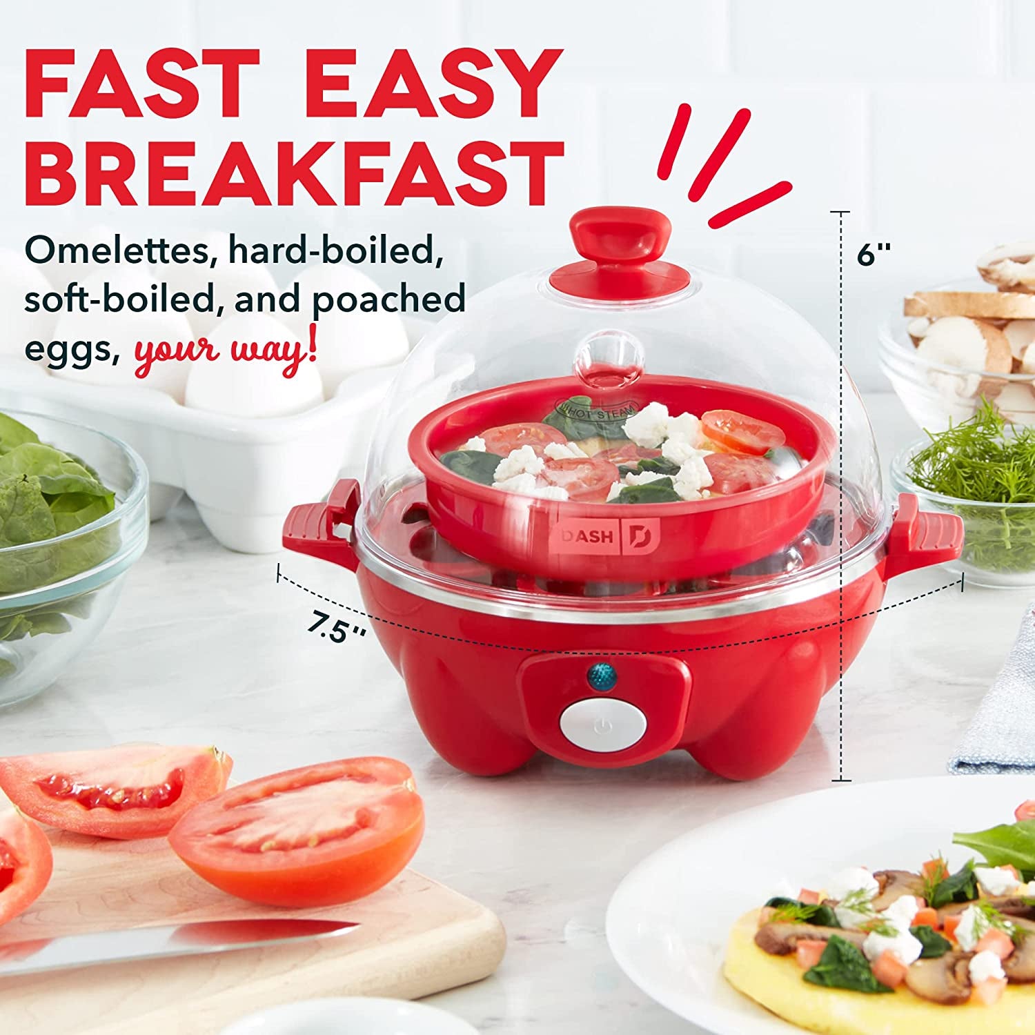 Electric Egg Cooker: Rapid 6 Egg Capacity Cooker for Hard Boiled Eggs, Poached Eggs, Scrambled Eggs, or Omelets with Auto Shut Off Feature - Red Color.