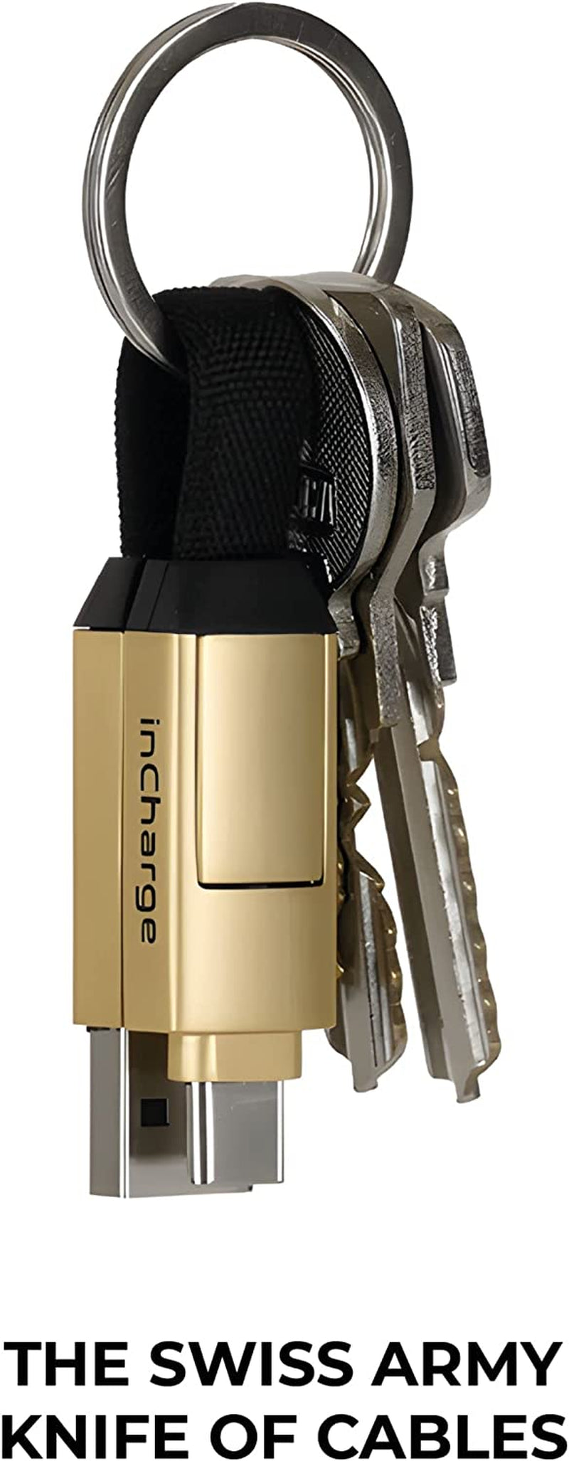 Incharge 6 - The Swiss Army Knife of Cables: Portable Keyring with Apple iPhone, USB, USB-C, and Micro USB Compatibility for All Your Devices (Saturn Gold)