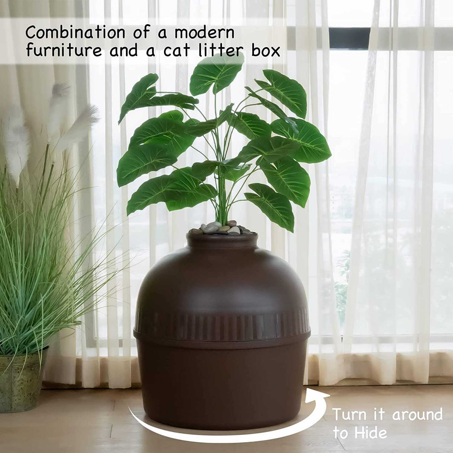 Enclosed Litter Box Enclosure, Plant Pot Design, Includes Faux Plant and Real Stones