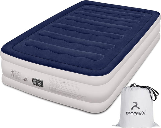 Queen Size Inflatable Air Bed with Built-in Pump, Suitable for 1 or 2 Persons, Premium Flocked Material, Rapid 3-Minute Inflation/Deflation, Ideal for Home and Camping Use, Includes a Convenient Storage Bag.