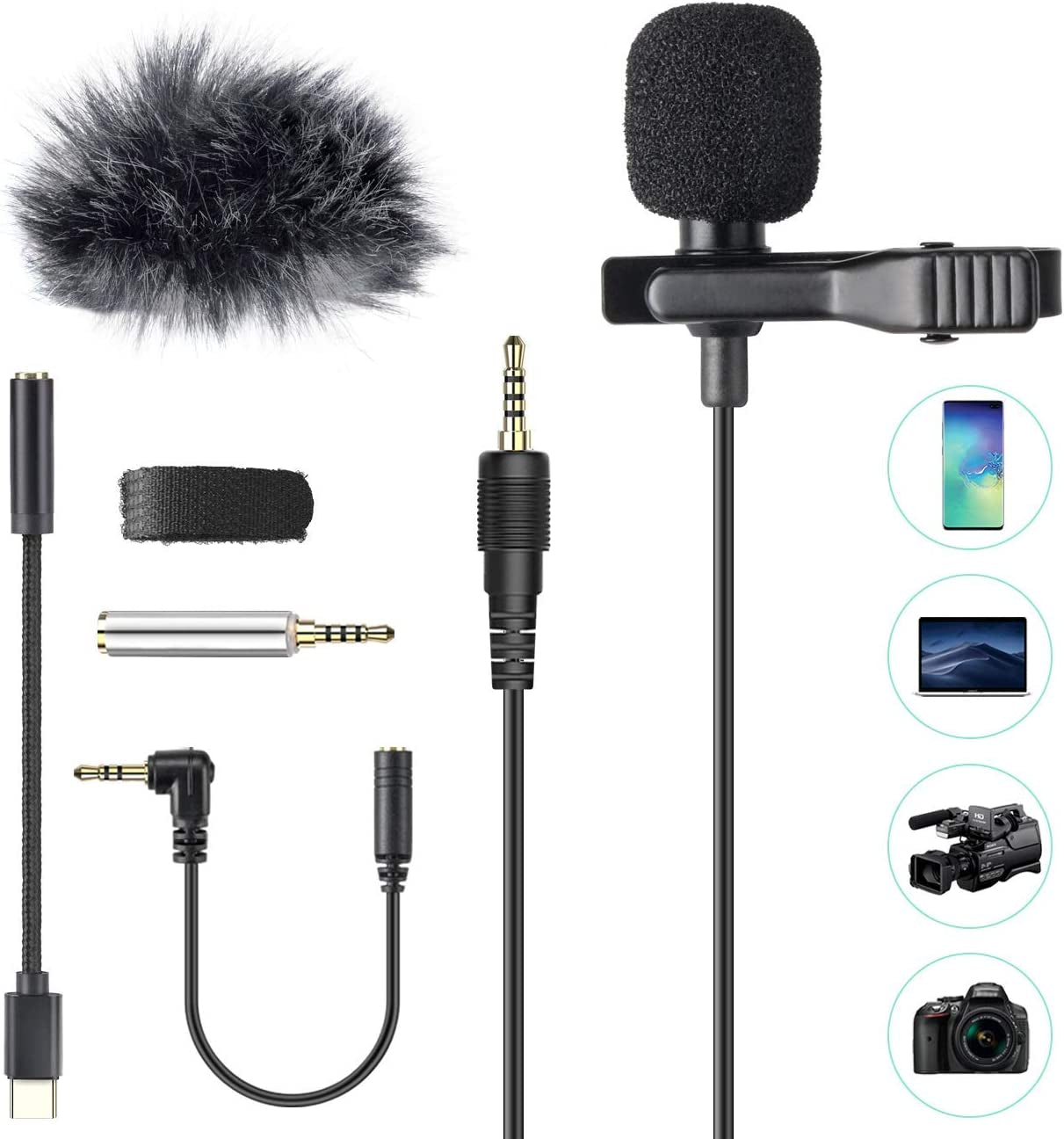 Lapel Microphone Set - Omnidirectional Condenser Mic, Multiple Adapters, Wind Muff. Clip-on Mini Mic for Camera, DSLR, iPhone, Android, PC, Interviews, Podcasts.