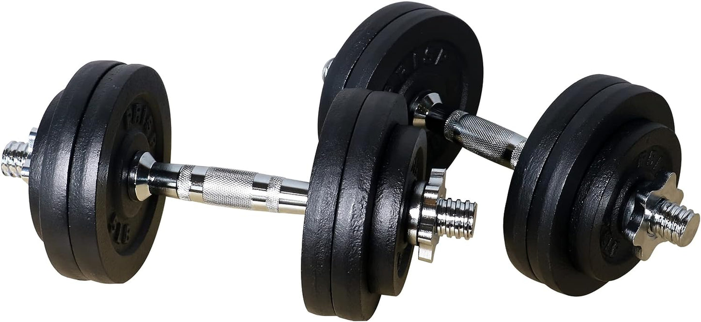 Adjustable Weight Dumbbells Set - Complete with 2 Bars, Cast Iron Plates, and Threaded Collars.
