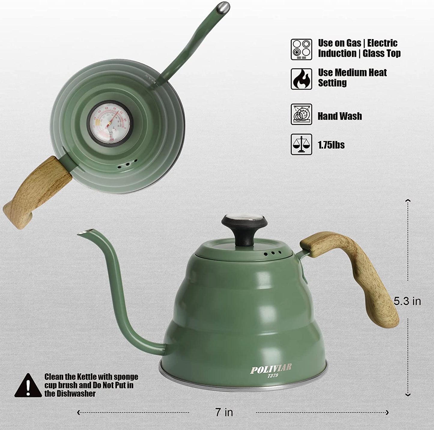 32oz Pour Over Coffee Kettle with Built-in Thermometer - Crafted from Food-Grade Stainless Steel, this Gooseneck Kettle ensures Exact Temperature control for brewing Tea and Coffee