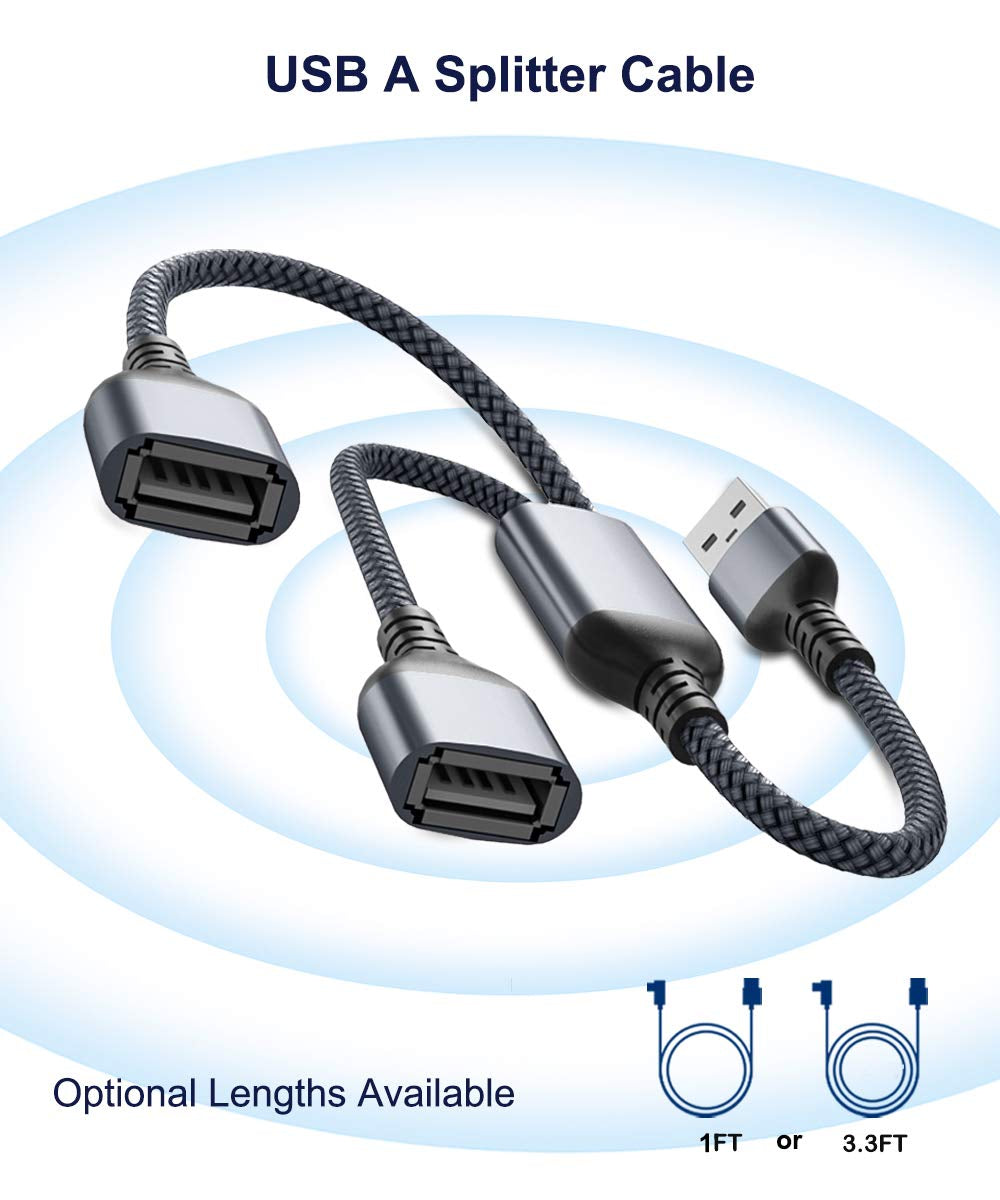 USB Splitter Y Cable 1FT: Features USB A 1 Male to 2 Female Extension with Nylon Braided Cord. It's a Converter and Dual USB Port Extender Hub for Data, Charging, and Power Splitting. Compatible with Mac, Car, Xbox One, PS4, PS5, Laptop, and more.