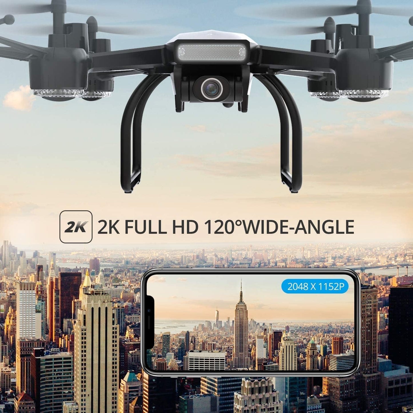 Drone for Adults - 2K Ultra HD FPV Live Video, 120° Wide Angle, Altitude Hold, Headless Mode, Gesture Selfie, Waypoints Functions - RC Quadcopter with 2 Batteries and Backpack