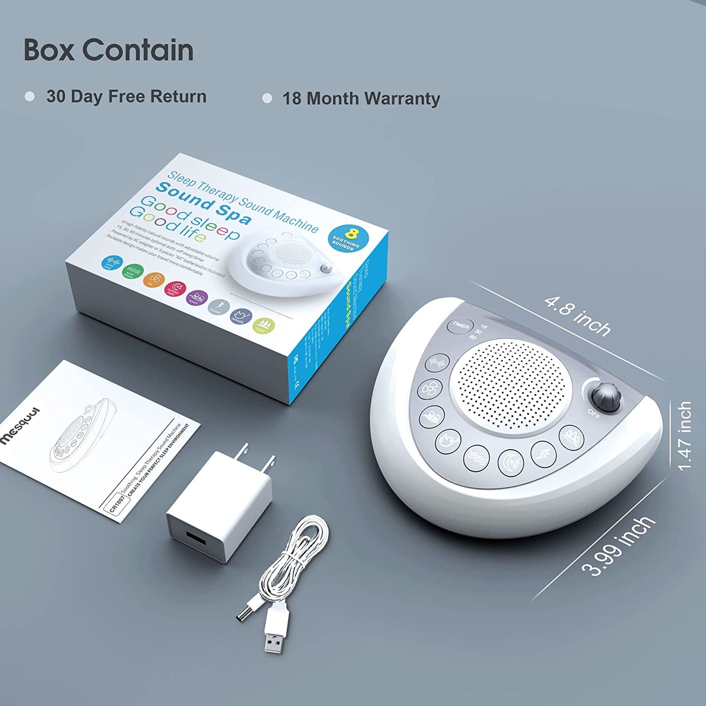 White Noise Sound Machine for Adults: Features 24 Nature Sounds, Adjustable Sound Levels, 3 Sleep Timers, and can be Powered via Plug-In or Batteries. It also includes an Earphone Jack, Memory Function, and Phone Charger.