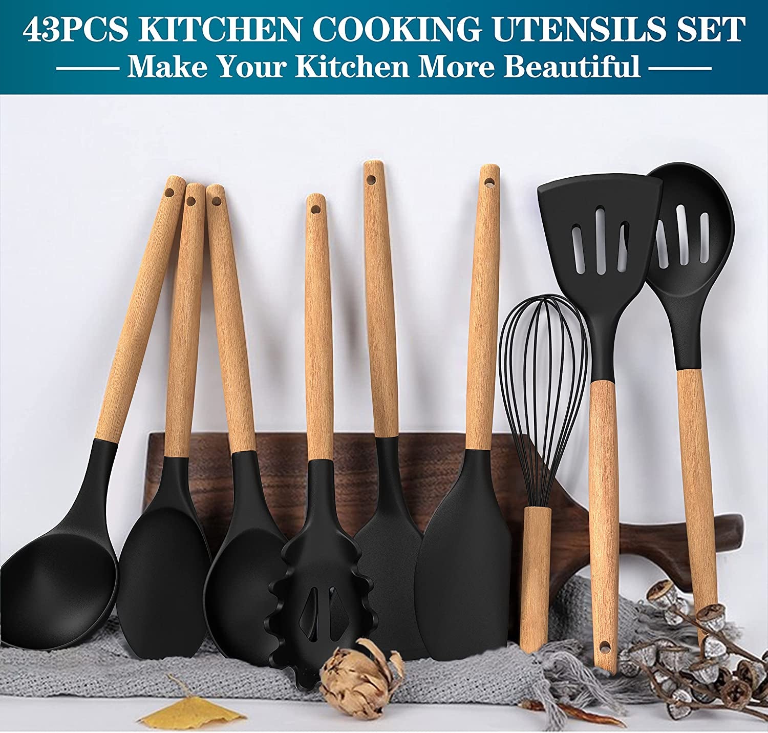 43-Piece Silicone Cooking Utensils Set - Non-Stick and Heat Resistant Kitchen Utensils Spatula Set with Wooden Handles, Ideal for Baking, Cooking, and Mixing; Complete with Holder, Black Color.