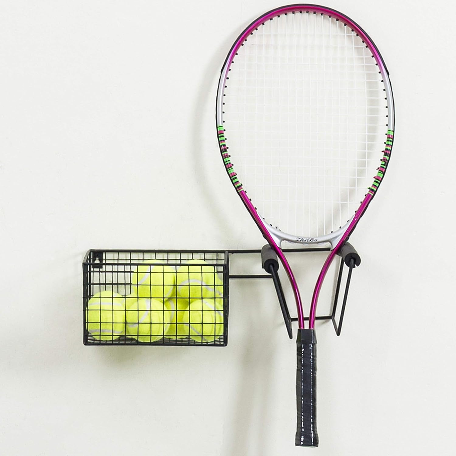 Wall-Mounted Metal Tennis Racket Holder with Integrated Ball Storage Basket 