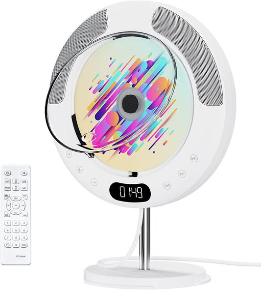 Portable Bluetooth CD Player - Wall Mountable for Home and Suitable for Car Use. This Desktop Music Player features Remote Control, Built-in HiFi Speakers, an LED Screen, FM Radio, and AUX Input/Output capabilities.