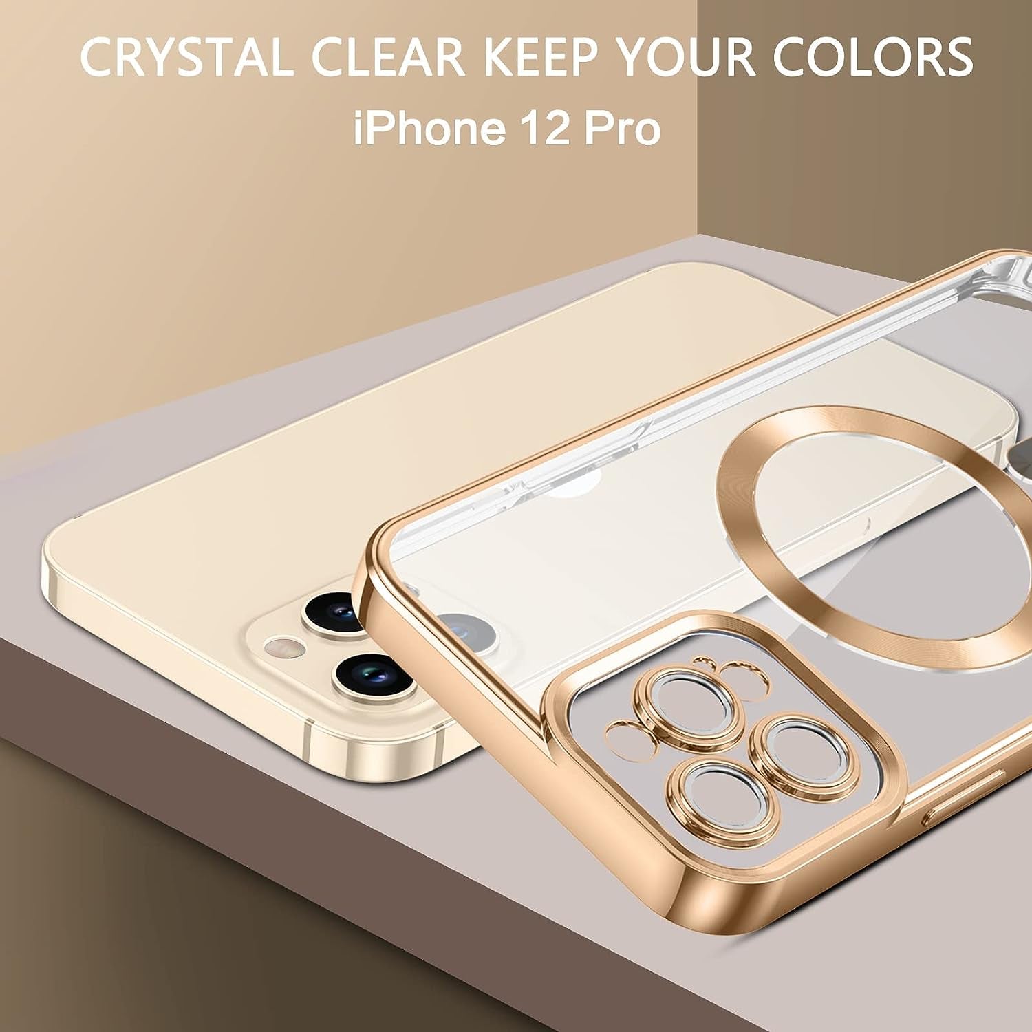 iPhone 12 Pro Magnetic Case - Clear, flexible TPU cover with Magsafe compatibility. Shockproof and anti-scratch. Clear/Gold.