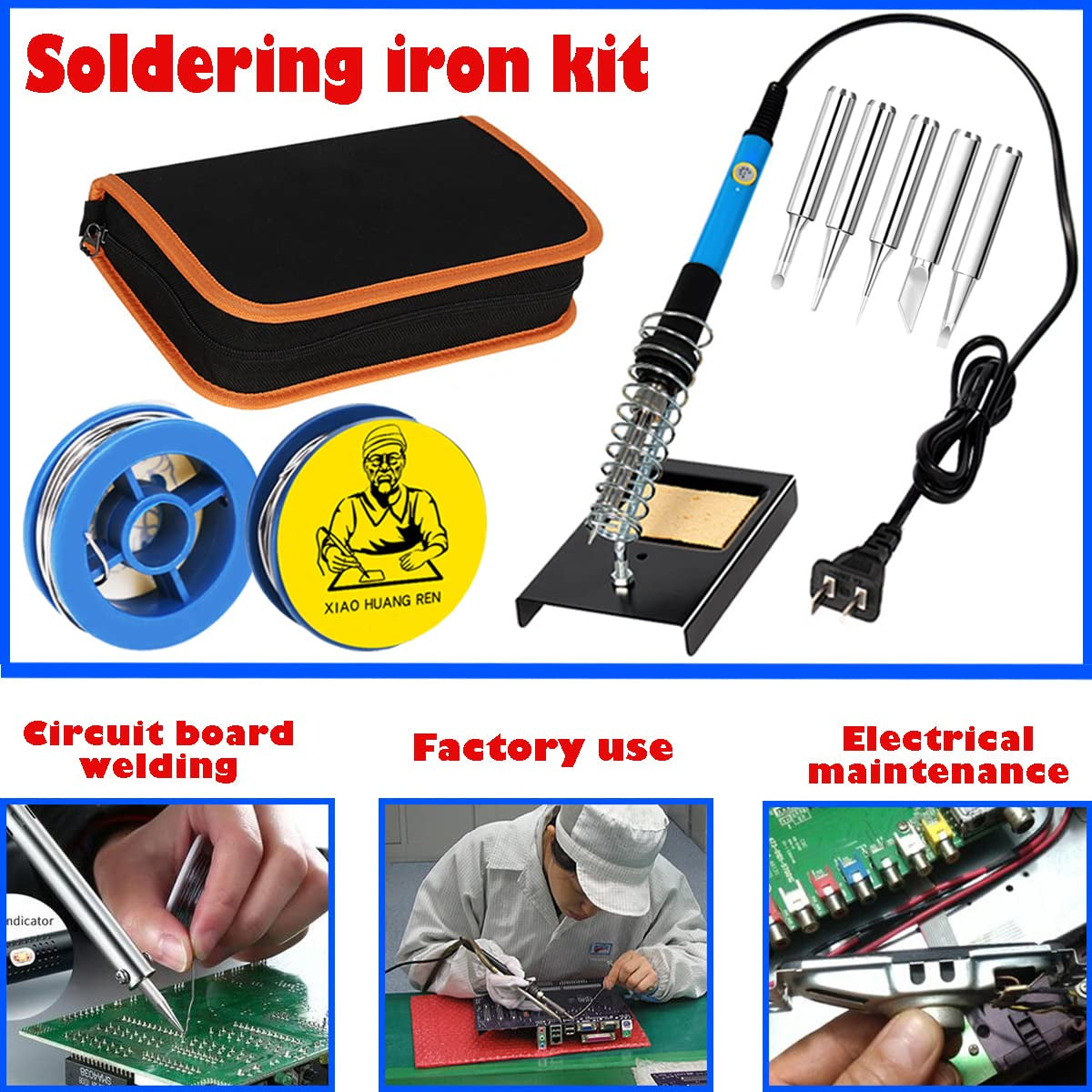 Electronics Tool Kit: Digital Multimeter, 60W Soldering Iron, 5 Soldering Iron Tips, 2 Solder Wire Rolls, Soldering Iron Stand, PU Carry Bag, and Battery Included