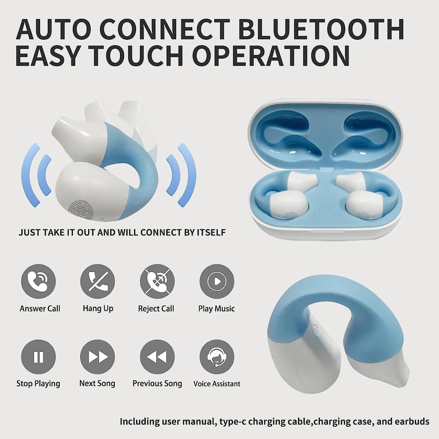 Bluetooth 5.3 Wireless Earclip Headphones - Sweat Resistant Earbuds with Allergy-Free Earhooks for True Wireless Sports Experience during Workouts, Running, and Gym Sessions. Compatible with Apple & Android (Blue)