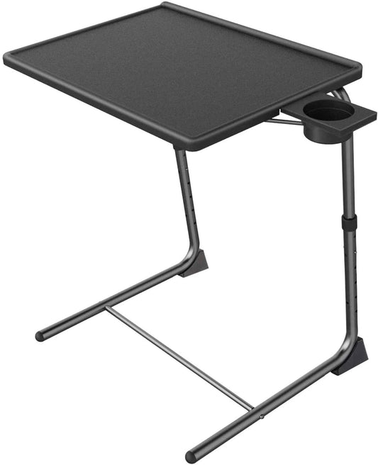 Adjustable TV Tray Table: Perfect for TV Dinners in Bed or on the Sofa. It's a Comfortable Folding Table with 6 Height and 3 Tilt Angle Adjustments, and it includes a Built-in Cup Holder. Pack of 1 in Black 