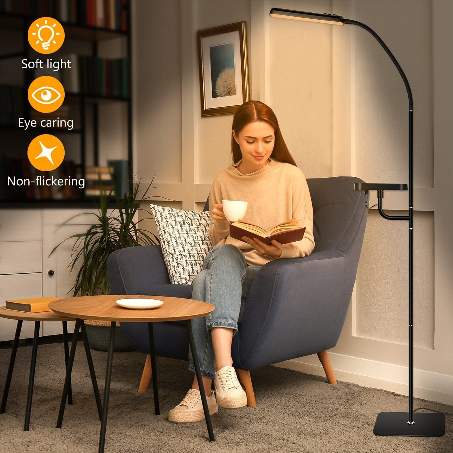 Floor Lamp with Wireless Charger, Flexible Gooseneck Standing Lamp with Timer & Memory Function, 4 Brightness Levels & 4 Colors Dimmable (2700K-6500K) for Home Office Living Bed Room Reading