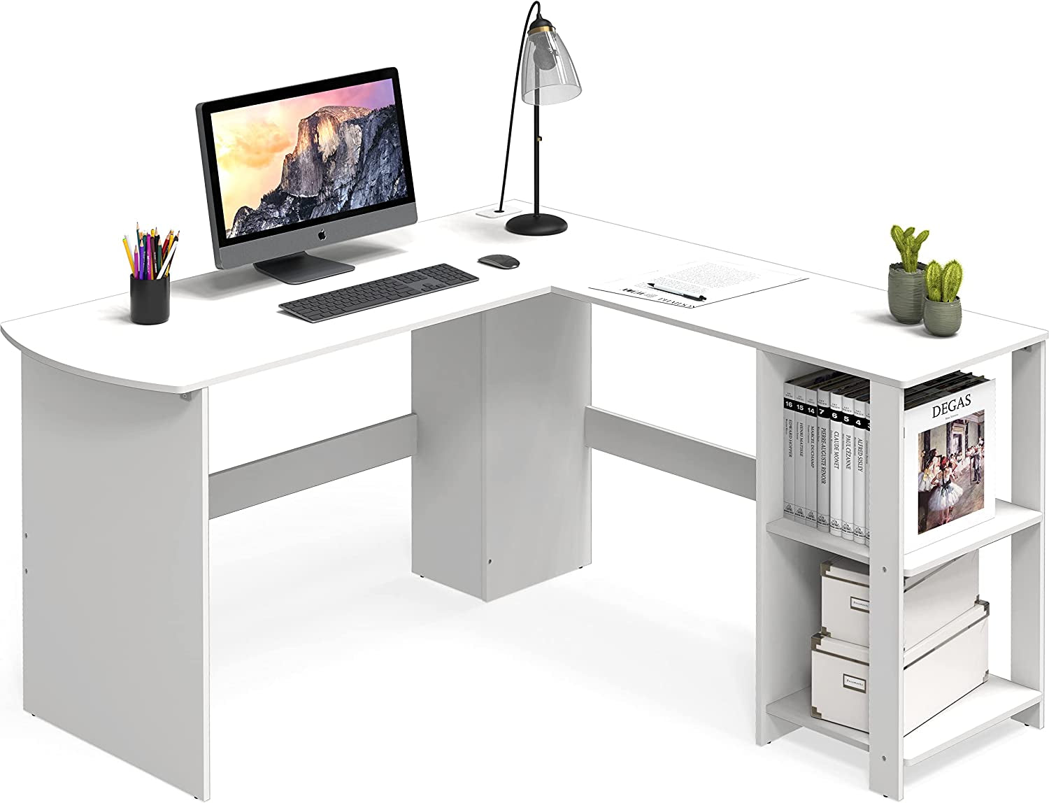 L-Shaped White Wood Corner Desk for Home Office