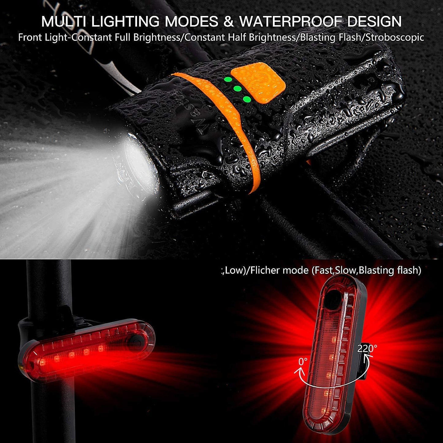 Super Bright Bike Front Light: 1200 Lumen, IPX6 Waterproof, 6 Modes Cycling Flashlight Torch, USB Rechargeable - Includes USB Cables and Tail Light