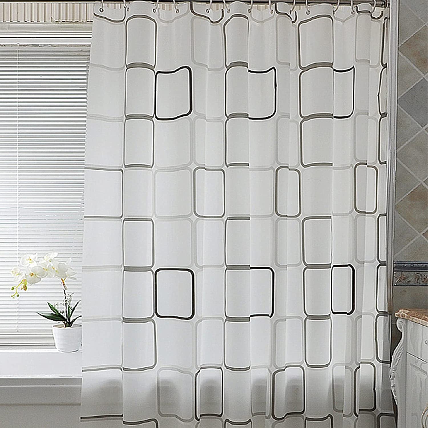 Black and White Lattice Shower Curtain for Bathroom - Contemporary Design - Waterproof - Includes Clear Shower Curtain Hooks Set - Measures 71" x 71" - Enhance Bathroom Decor.