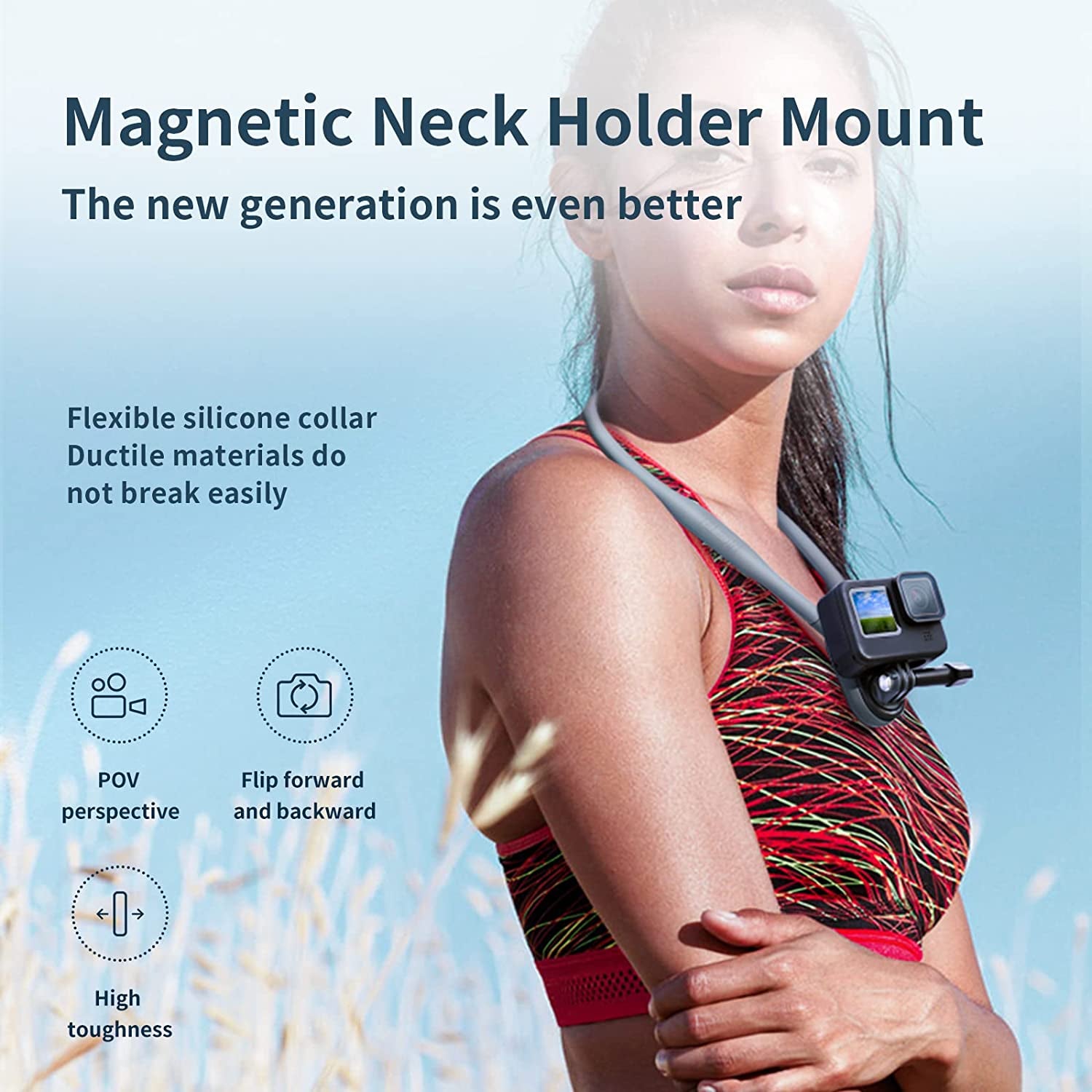 Magnetic Neck Mount Necklace Holder Lanyard Strap with Phone Clip and Vertical Adapter - Ideal Accessories for GoPro, Insta360, DJI Action, and iPhone