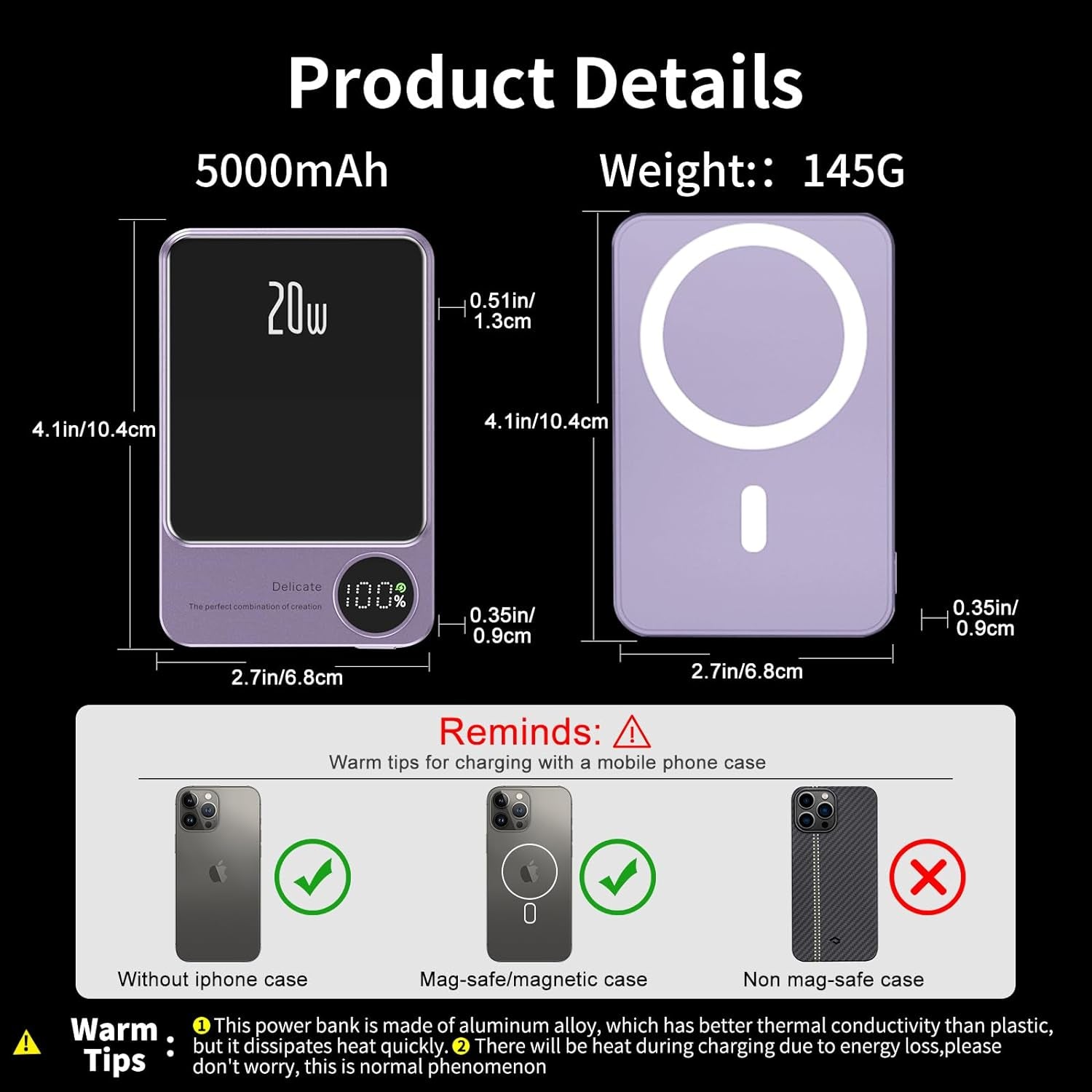 Magnetic Wireless Portable Charger - 5000mAh Mag-Safe Power Bank with 20W PD Ultra Fast Charging - Wireless Battery Pack with LED Display for iPhone 15/14/13/12/Pro/Pro Max