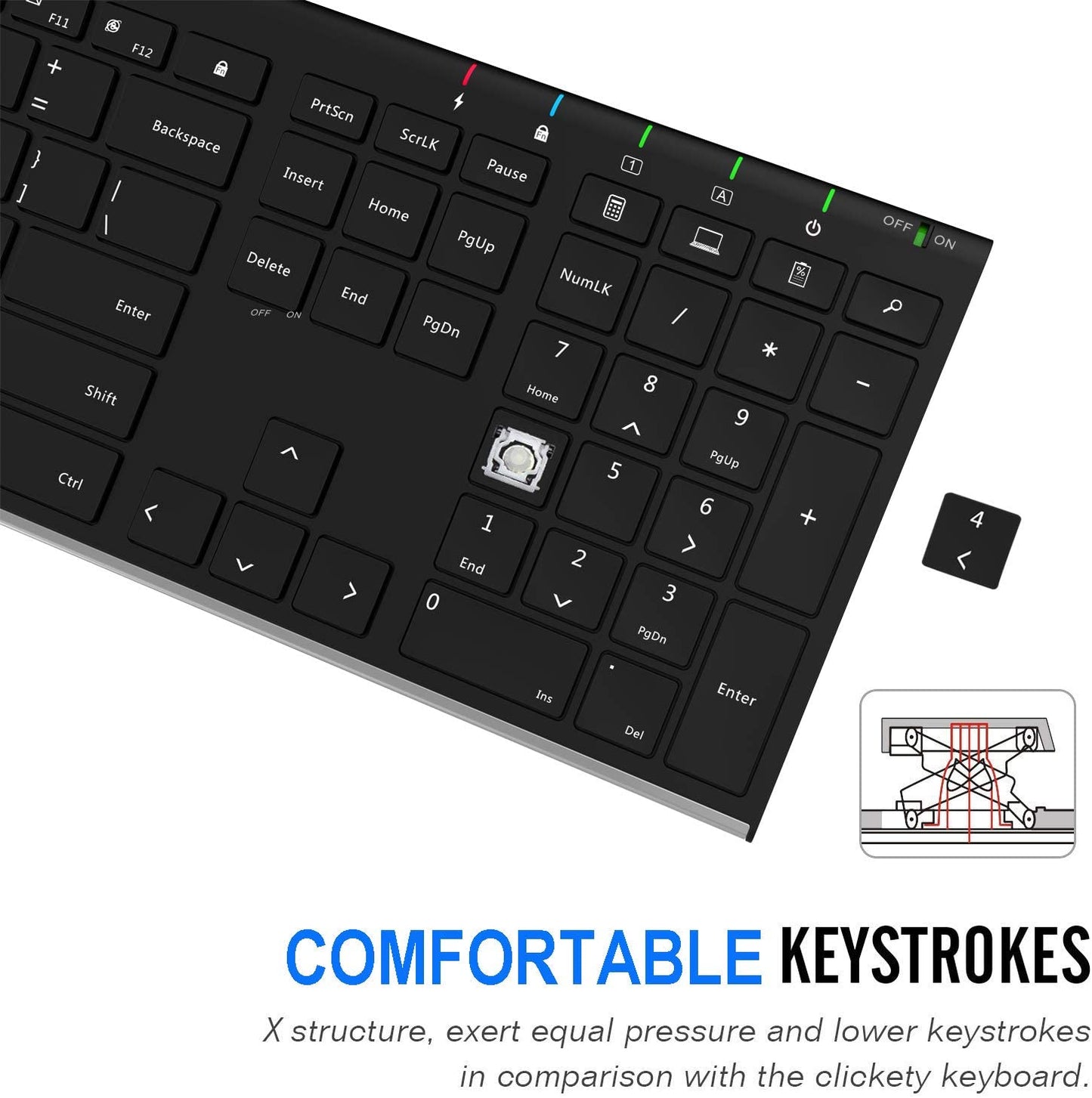 Ultra Slim Full Size Wireless Keyboard (2.4G) - Stainless Steel - Numeric Keypad - Compatible with Computer, Desktop, PC, Laptop, Surface, Smart TV - Supports Windows 10/8/7 - Built-in Rechargeable Battery