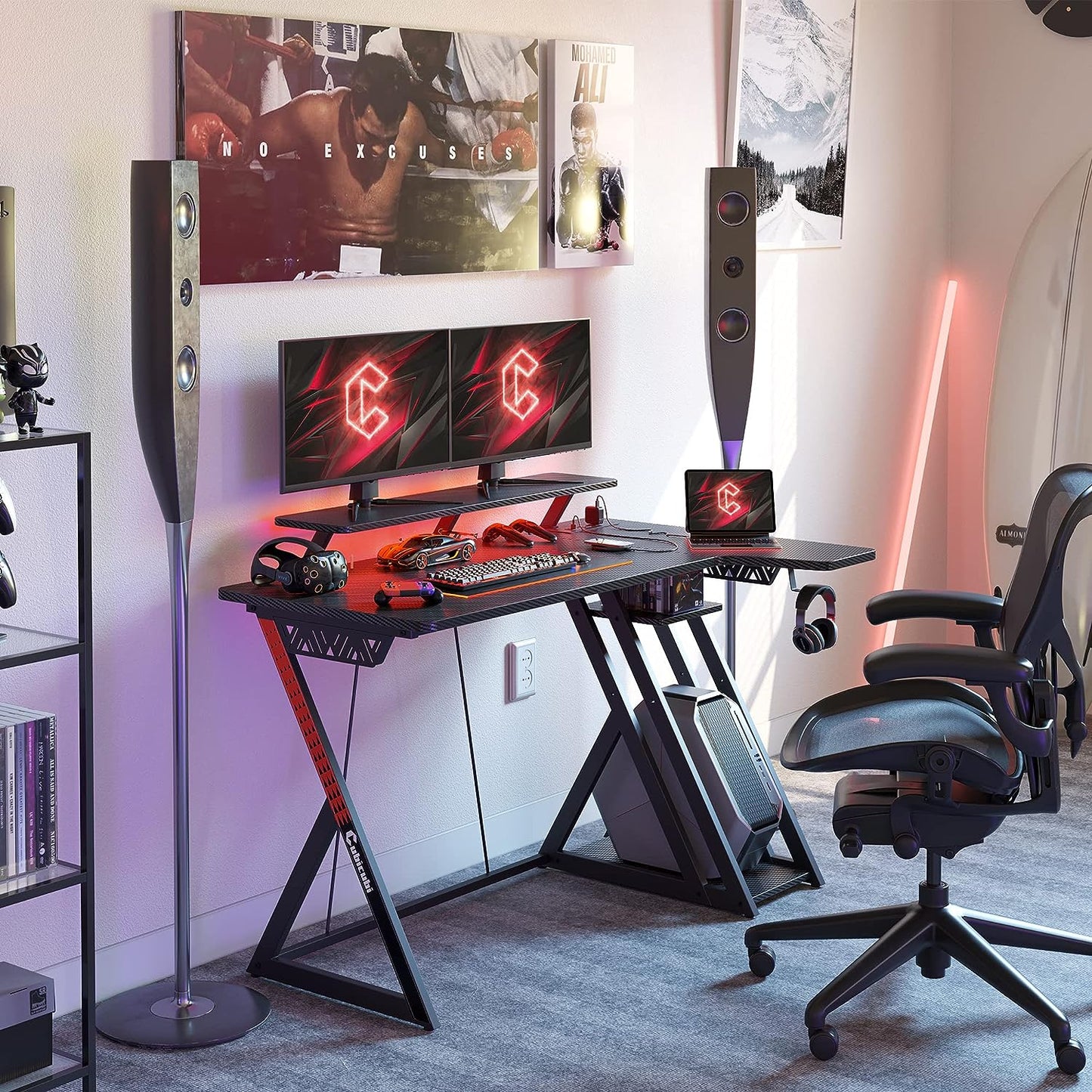 L-Shaped Gaming Desk - 47 inch - LED Lights & Power Outlets Included - Carbon Fiber Surface - Storage Shelves - Monitor Shelf - Ideal for Gaming Setup and PC Use - Color: Black.