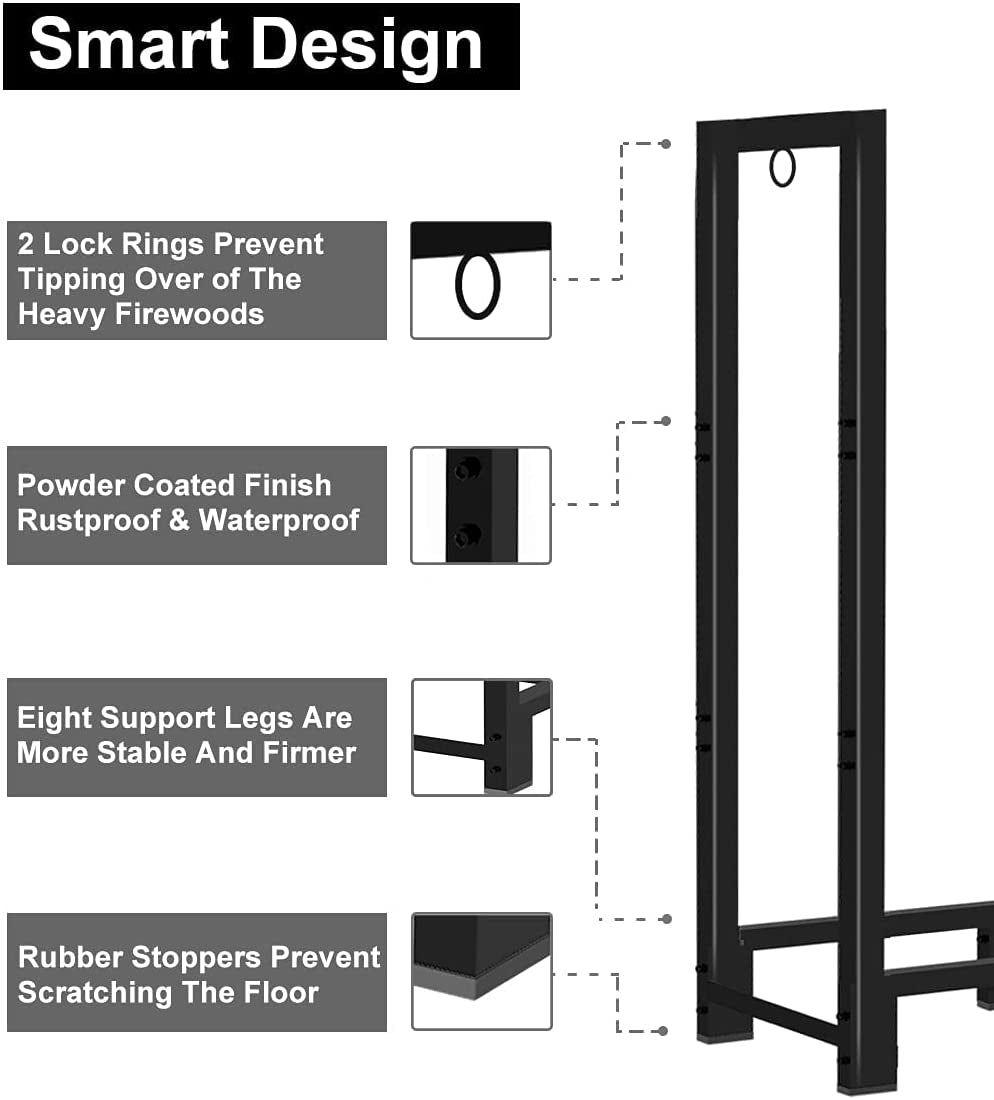 4-Foot Outdoor Firewood Rack Holder - Designed for Fireplace Wood Storage, this Adjustable Fire Log Stacker Stand Black