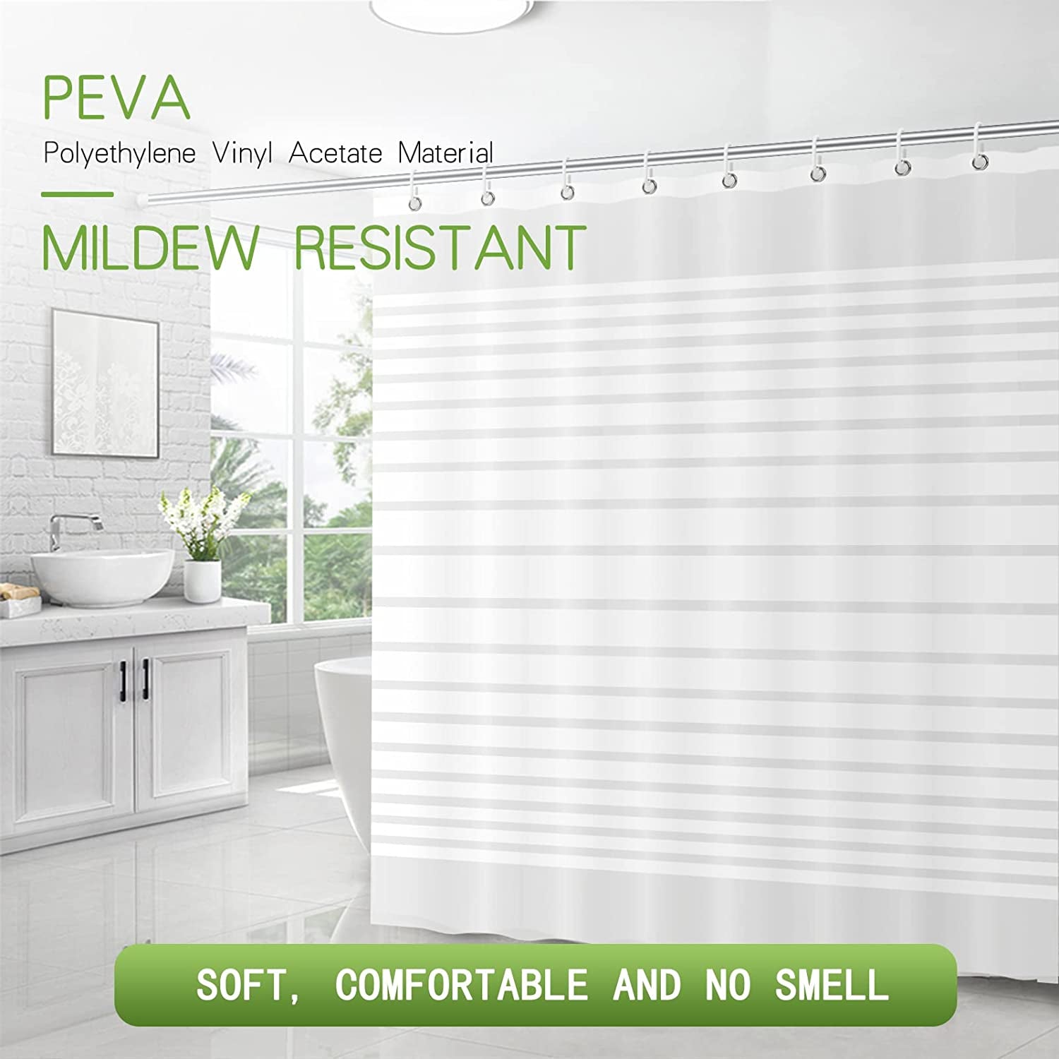 Mildew Resistant Shower Curtain Liner - Measures 72 x 72 Inch - Made of Heavy Duty Waterproof PEVA Material - Features Rust-Resistant Metal Grommets - Comes with 12 Plastic Hooks - Stripe Design - Ideal for Thick Bathroom Shower Curtain Liner.