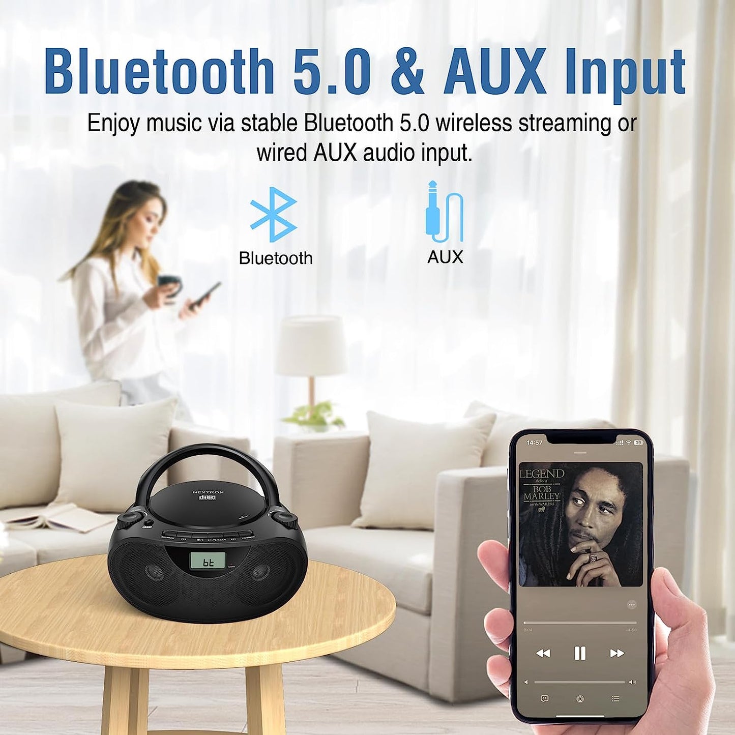 Portable Stereo CD Player Boombox - AM/FM Radio, Bluetooth, USB, AUX-in, Headphone Jack, CD-R/RW and MP3 CDs Compatible - Clear Sound with Bass Boost - AC/Battery Operated (Black)