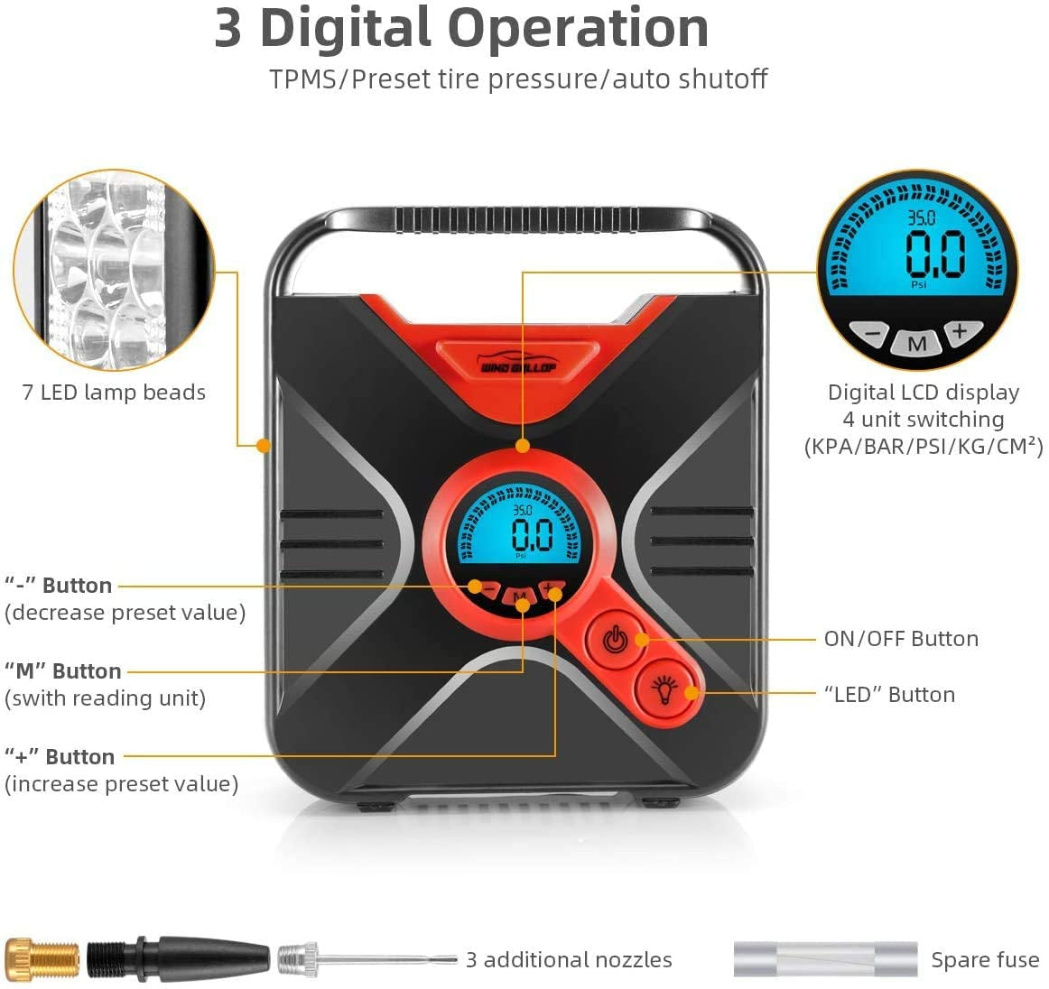  Portable Digital Car Tire Inflator - 12V Air Compressor for Car Tires with Pressure Gauge, LED Light, and Valve Adaptors - Suitable for Bike, Automobile, Basketball, and Pool Toys - Red