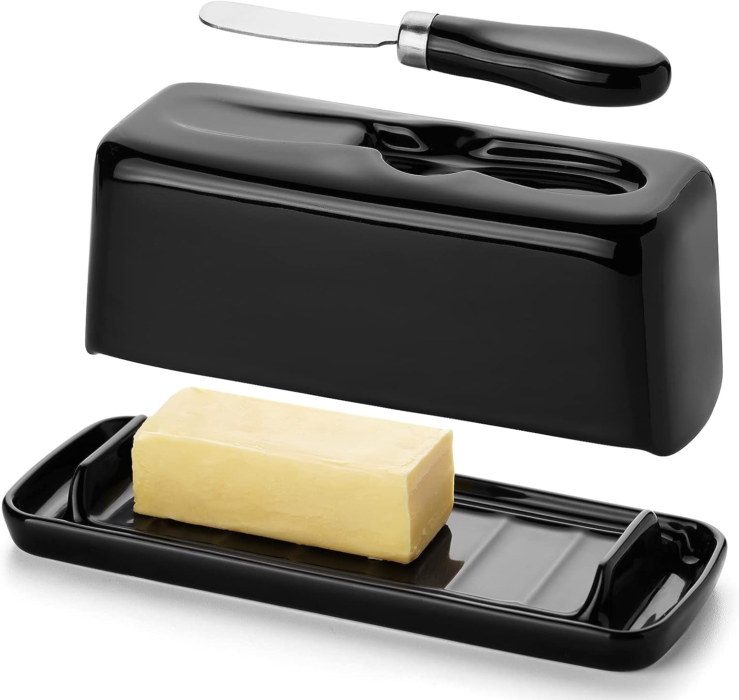 Black Porcelain Butter Dish with Lid and Knife - Includes Serving Tray with Anti-Slip Strip. This Butter Keeper is Ideal for Kitchen Decor and Fits East/West Coast Butter. It's Dishwasher Safe for Easy Cleaning.