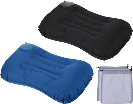 Set of 2 Portable Camping Pillows - Ultralight Inflatable Pillows for Camping, Beach, Travel, and Airplane Use - Provides Lumbar Support - Suitable for Hiking and Backpacking - Color: Blue and Black