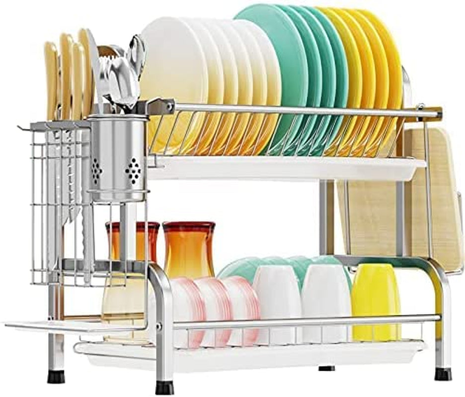 2 Tier Dish Drying Rack - Constructed from 304 Stainless Steel, Includes Drain Board, Utensil Holder, and Cutting Board Holder, Non-Rust Dish Drainer for Kitchen Counters; Silver Finish.