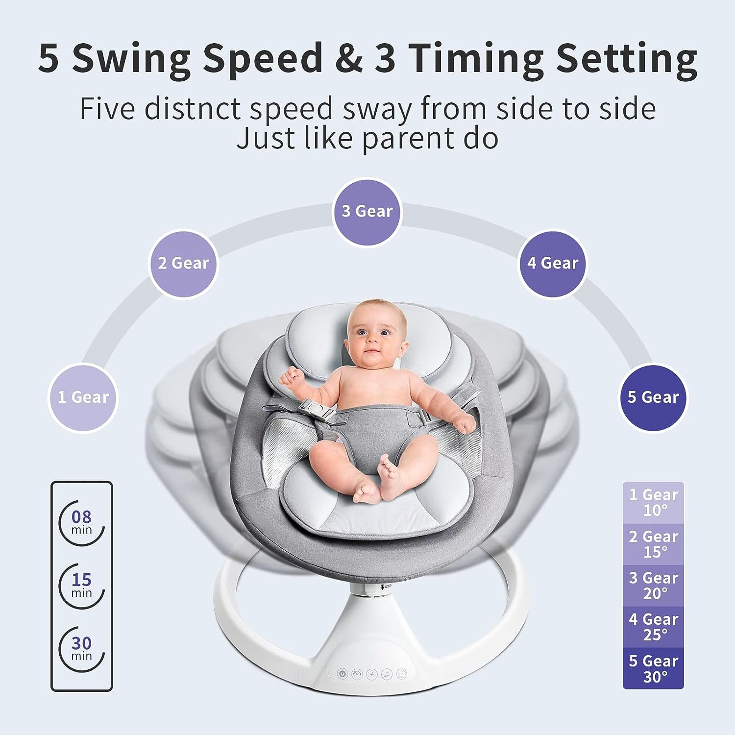 Baby Swings Bluetooth Baby Rocker For Infants with 5 Unique Motions, Natural Sway Baby Swing for Newborn, LED Touch Panel,Music Speaker,Remote Control,Swing for Infants,Gray