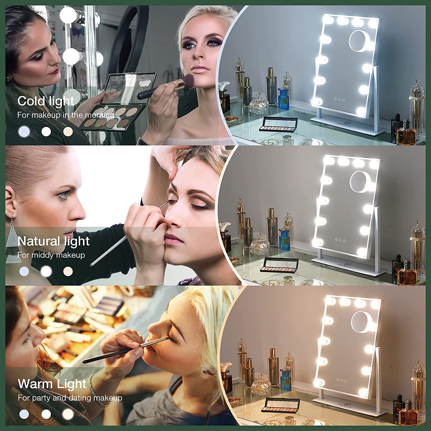 Hollywood-style Lighted Makeup Mirror - Vanity Mirror with Smart Touch Control - Features 3 Dimmable Light Colors - Includes Detachable 10X Magnification - Offers 360° Rotation - Elegant White Design.