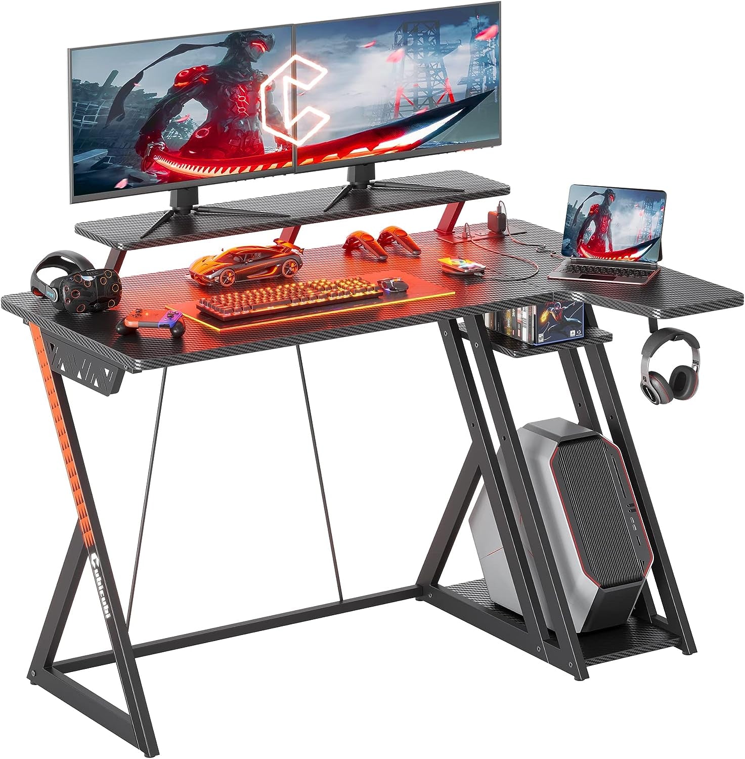 L-Shaped Gaming Desk - 47 inch - LED Lights & Power Outlets Included - Carbon Fiber Surface - Storage Shelves - Monitor Shelf - Ideal for Gaming Setup and PC Use - Color: Black.